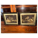 Pair of vintage Chinese straw art landscapes in black lacquer faux bamboo frames