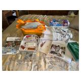 Vintage sewing patterns, buttons, poly fill, fleece and buttonholer