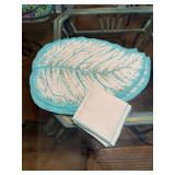 4 Vintage Blue Leaf Cloth Placemats and napkins with aqua trim