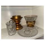 Candlewick dish and small glass ladle, candy stand, crystal jam jar and gold tone candle stand