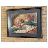 Framed C. Hammond Watercolor Still Life Print of Rustic Basket of Onions