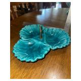 Mid Century turquoise Deforest California pottery divided shell dish nut and candy server