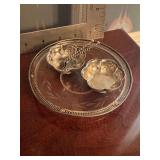 Sterling silver salt cellars with salt spoons and sterling trimmed glass dish