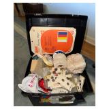 Sewing and crafting items in plastic storage box- threads, buttons, ribbons, tracing paper, decorative trim and more