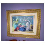 Still Life Oil on canvas in Gold frame- flowers and fruit Marie Wright
