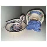 Vintage Chamberstick, enamel dish and Hat Vase