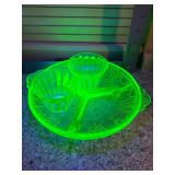 Vaseline Glass divided dish and 2 Hazel Atlas custard cups
