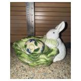 Dept56 ceramic bunny and cabbage bowl with Gail Pittman pottery egg