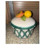 Vintage California pottery fruit and lattice canister