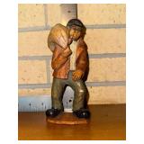 Folk Art Hand Carved Statue Man with Bag and Pipe
