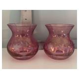 Pair of etched cranberry posy vases
