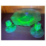 Art Deco Etched Vaseline Glass bowl and matching candle holders