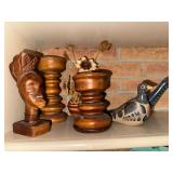 Wood carved tribal bust, wood candle holder and carved vase, Mexican pottery birds one has been repaired