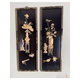 Pair of vintage chinoiserie black lacquer panels with carved shell inlay
