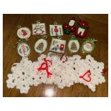 Vintage cross stitch and crochet and yarn art Christmas ornaments