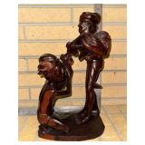 Vintage Balinese Wood Carved Statue of Men with Roosters