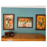 Framed African Batik Artwork by Kiwanuka Nairobi set of 3 Tribal Village Life