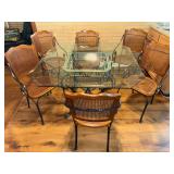 Wrought Iron Glass Top Table with 6 Cane Back and Seat Oak and wrought iron chairs
