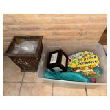 Table linens, vintage waste can, photo holder and bar sign