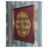 Vintage Chinese hand embroidered silk cloud panel with gold thread in faux bamboo frame