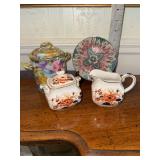 Hand painted jar, decorative dish and Wedgwood cream and sugar-sugar bowl has been repaired see photos