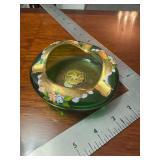 Vintage Bohemian Czech Green hand Enameled Art glass ashtray