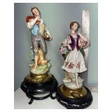 Pair of vintage Andrea hand painted Japan figurines on wooden stands