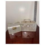 Vintage 1950s Wilardy pearlescent Lucite box purses handle just needs to be screwed back in- Smaller purse is marked Hong Kong and handle is broken