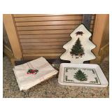 Ceramic Christmas Tree Bowl, silver plate napkin stand and 2 plastic snack trays
