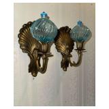 Hollywood regency brass shell and tulip wall sconces with blue swirl glass globes