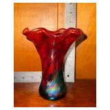 Hand blown art glass ruffle vase red and iridescent green