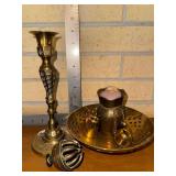 Etched Brass candle stand, Bell and other brass Decor