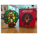 Vintage Tiffany-style glo candle wreath tea light candle holder cast iron and colored glass- some glass panes are cracked but still beautiful and intact