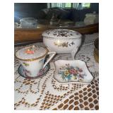 Footed trinket box, bone china ring dish and teacup pin cushion