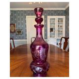 Beautiful Oversized heavy Vintage Victorian cranberry glass decanter bohemian cut to clear