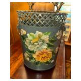 Vintage hand painted metal waste basket