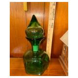 Vintage mid century green Italian Empoli glass Fleur de Lis genie bottle decanter with flame stopper
