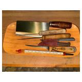 Old kitchen knives, cleaver and dairy thermometer