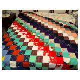 Diagonal Color block patchwork quilt with floral backing