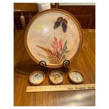 Mid century bamboo and glass tray and 3 coasters with pressed butterflies