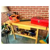 Wooden Workbench with Integrated Vise and Lower Storage Shelf blower & tool box not included