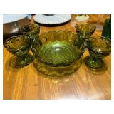 Vintage Barrett-Collins green manhattan bullseye bowl with 4 sherbets