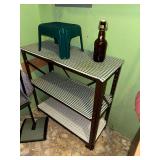 Metal shelf, step stool, bottle
