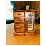 Table top jewelry cabinet with necklace hanger window