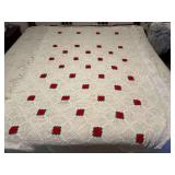 2 crochet coverlets- twin size red rose and larger white with fringe