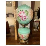Green hand painted rose parlor lamp with embossed wagons on sides- gone with the wind style