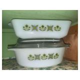 2 fire king meadow green baking dishes with lids