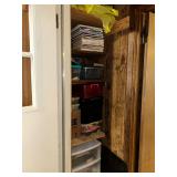 Small closet full of magazines and crafting supplies in storage boxes