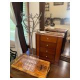 Jewelry box, necklace tree and dresser tray