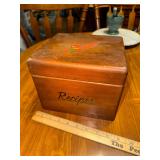 Vintage wooden recipe box with cornucopia decoration on lid